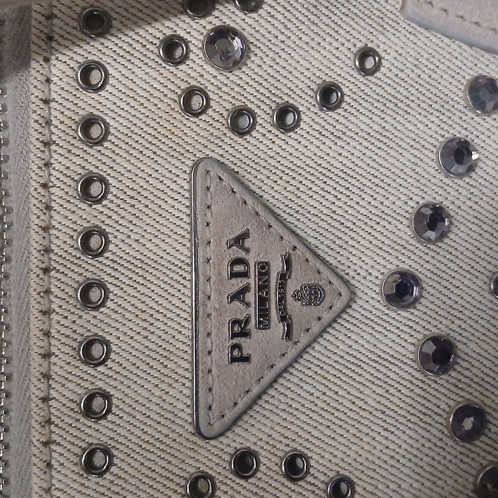 Prada Light Gray Denim Canapa Studded Tote Bag With Crossbody Strap - Picture 4 of 16